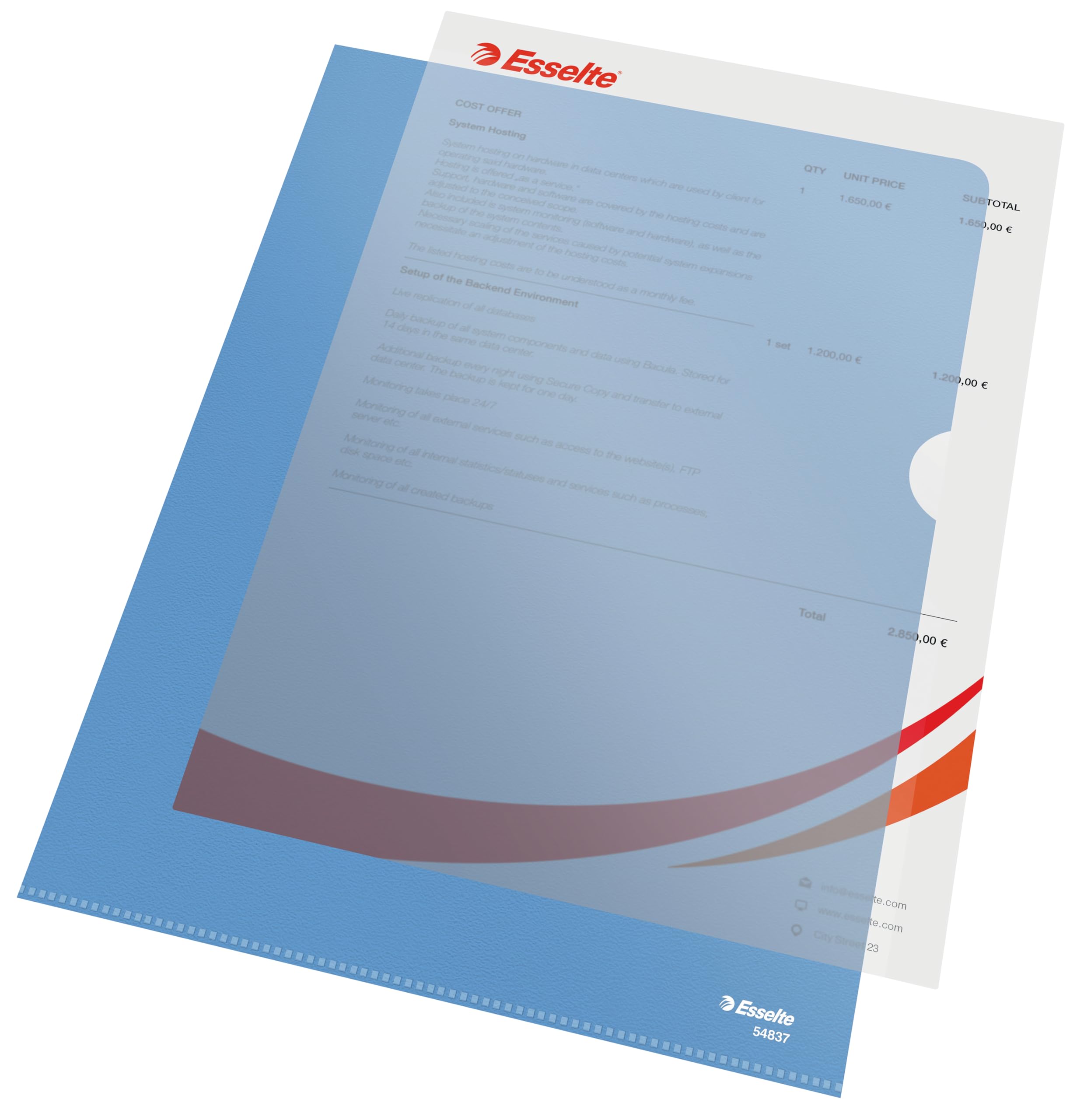 Esselte Premium Folder A4, Clear Blue Matt Finish, 115 Micron Polypropylene, Box of 100, 54837