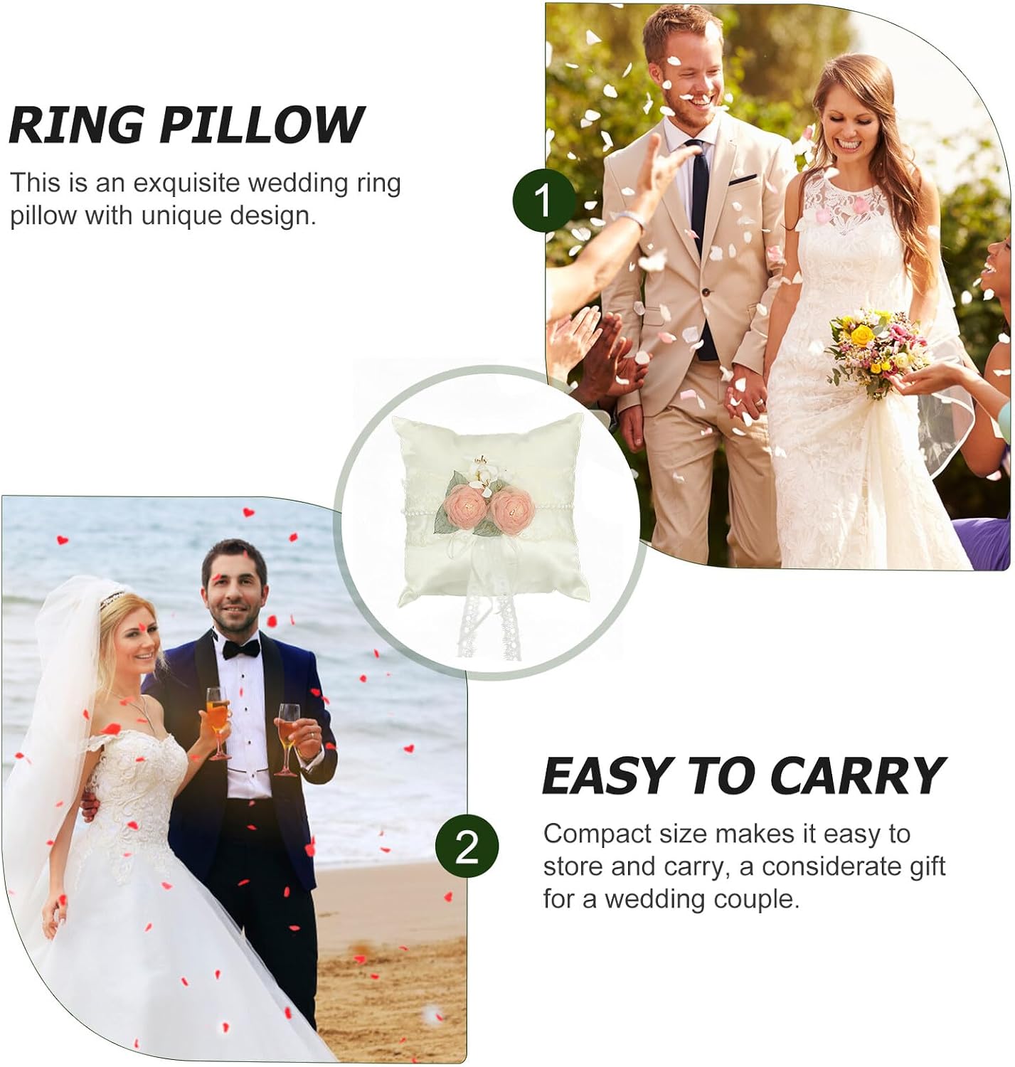 VANZACK White Ring Pillow Ring Bearer Cushion with Artificial Flowers for Bride for Ceremony Use
