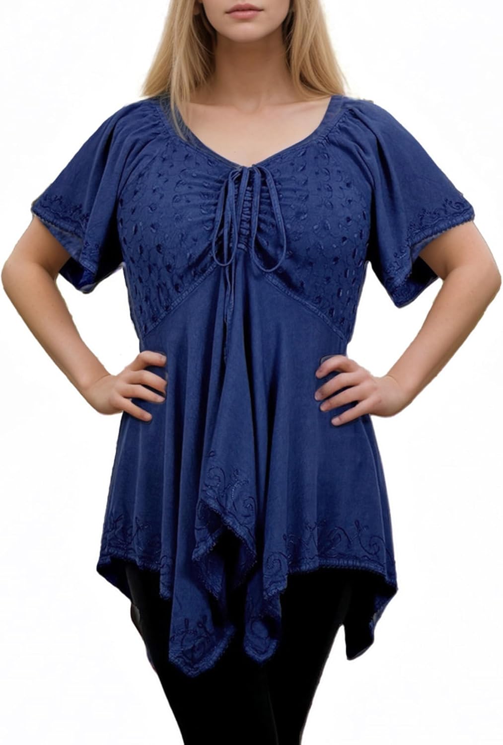 Agan Traders 2026 Summer Tops Asymmetrical Handkerchief Diamond Neck Embroidered Tops - Empire Waist Cap Sleeve Womens Blouse