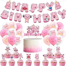Juego de 32 decoraciones para fiesta de cerditos rosas, decoración de cumpleaños de animales, fiesta de granja, pancarta, decoración de cupcakes, decoración de tartas y globos