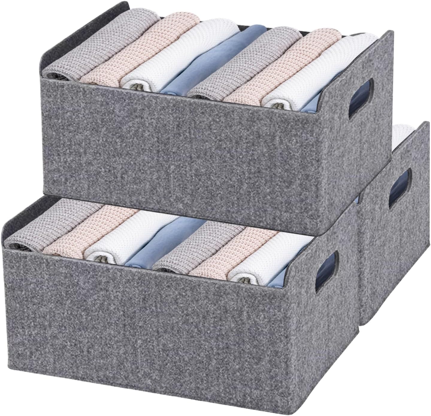3 Pack Felt Fabric Baskets Storage Box with Handle Foldable Wardrobe Baskets Clothing Storage Cubes Toy Organiser for Nursery Home 31×25×15 cm(Gray)
