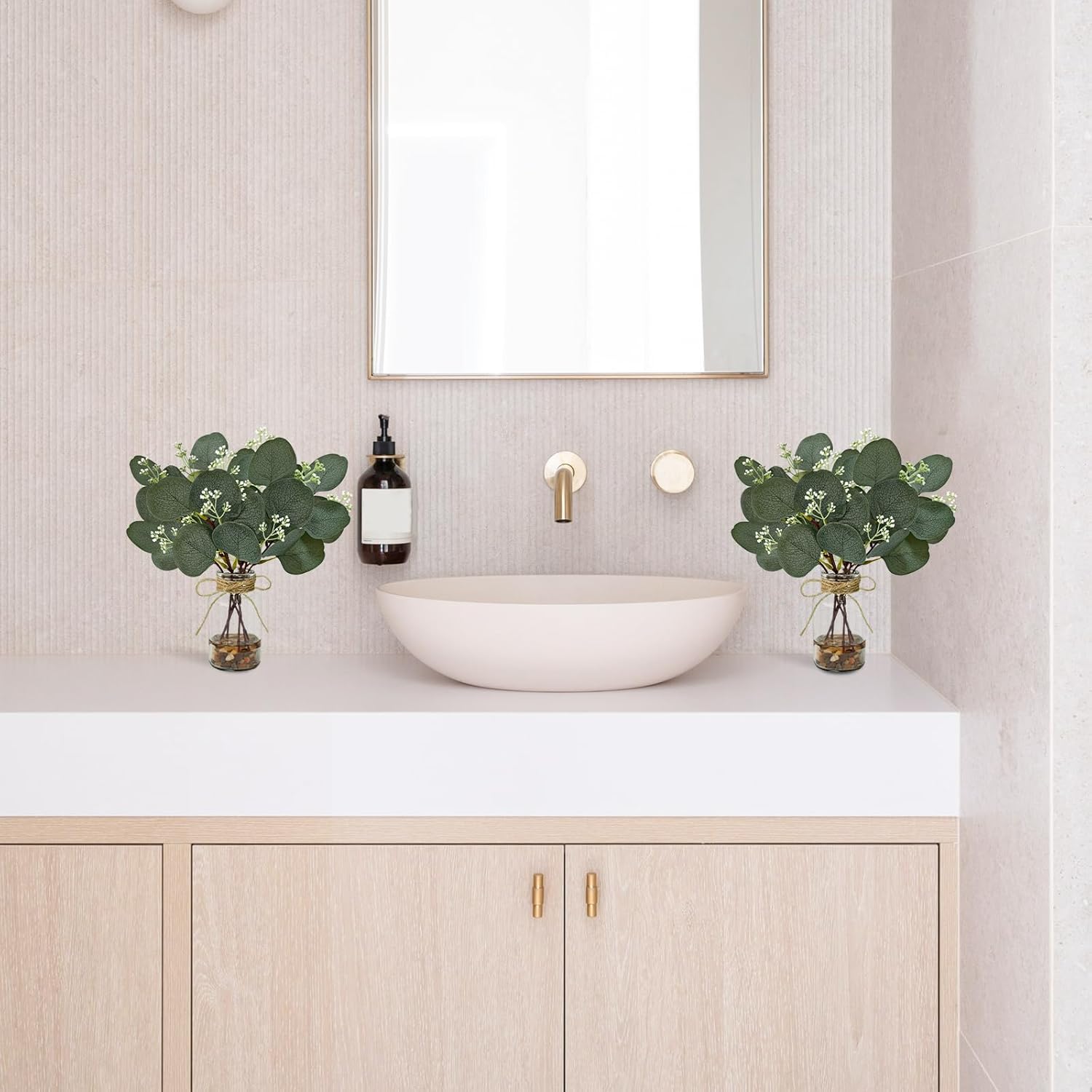 2 Pack Artificial Eucalyptus Stems in Glass Vase with Faux Water Stone, 11" Fake Eucalyptus Leaves Faux Greenery Branches Plants for Kitchen Home Table Centerpiece Decor (DarkGreen) - Image 7