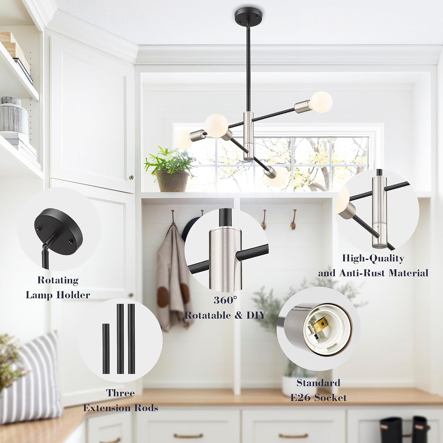 Modern Sputnik Chandelier Adjustable 4-Light Industrial Ceiling Light Fixture Mid Century Semi Flush Mount Ceiling Light Fixture Farmhouse Pendant Lighting for Dining Room Bedroom Silver