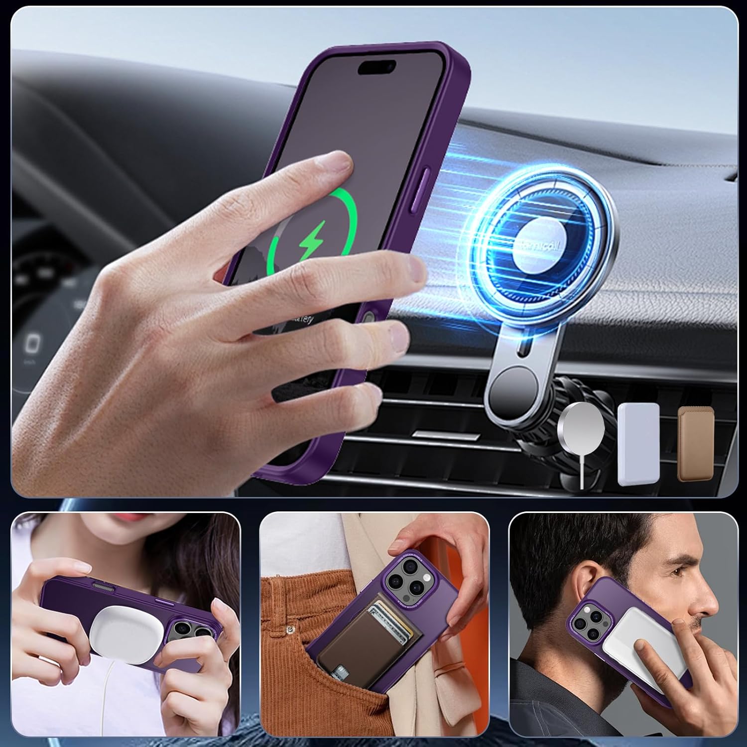 Strong Magnetic for iPhone 16 Pro Max Case with Stand,Fit for MagSafe,360°Rotatable Ring Designed,Translucent Matte Texture Protective Military Grade Shockproof,All Purple - Image 6