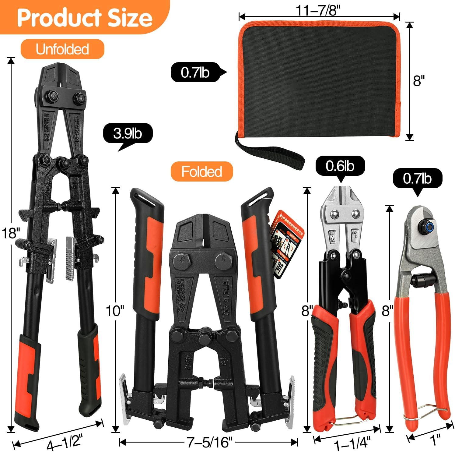 3pcs Bolt Cutter Set, 18" Heavy Duty Foldable Bolt Cutter, 8" Mini Bolt Cutter, 8" Wire Cable Cutter with Storage Bag, for Cutting Locks, Steel Wire, Chains