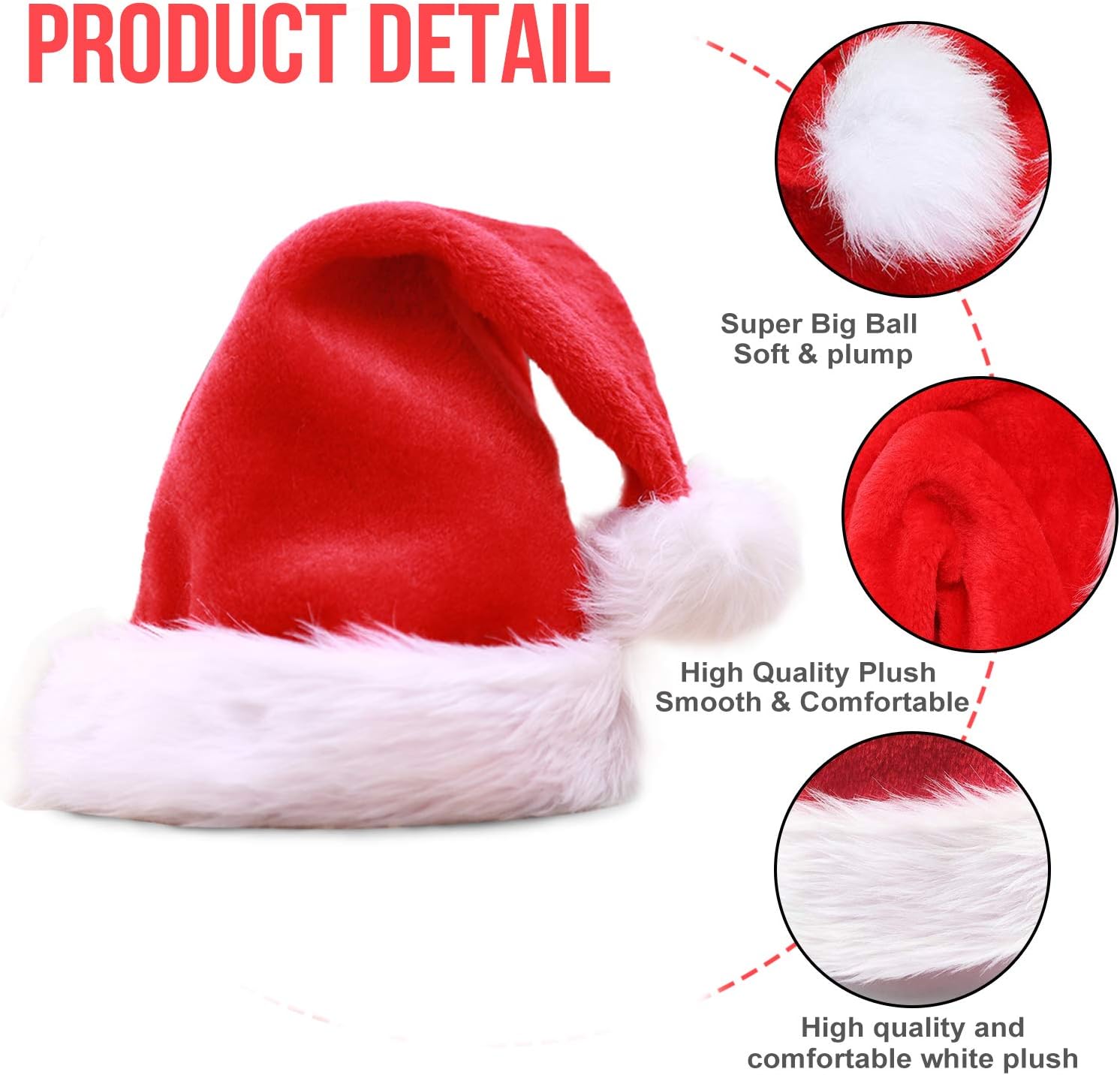 iGeeKid 3 Pack Plush Christmas Santa Hats Xmas Holiday Hats for Adult Unisex Christmas Headwear Party Favor Supplies
