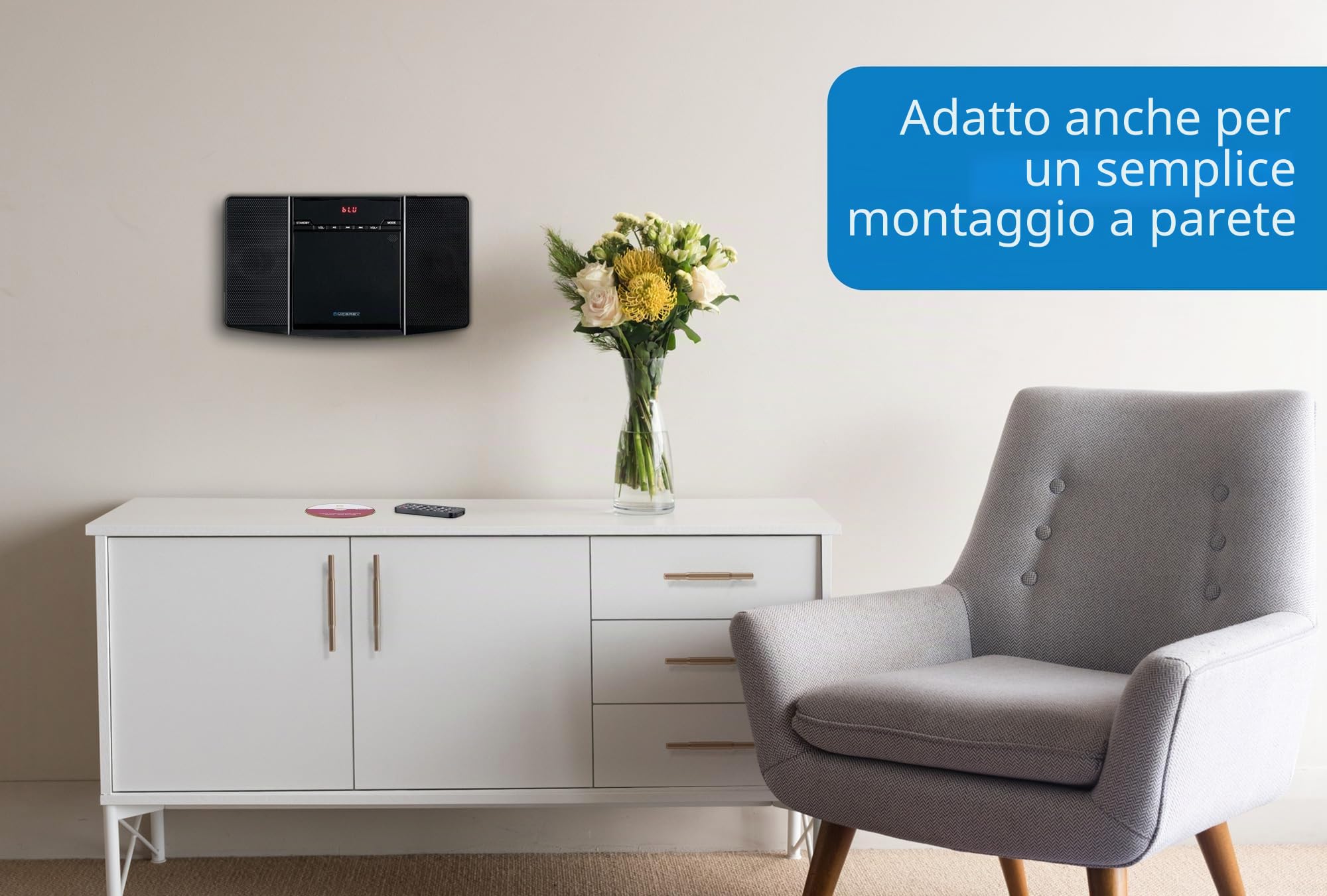 MCD-60 Impianto Stereo Verticale (Lettore CD/MP3, USB, Bluetooth, Aux in, Montaggio a Terra o a Parete, incl. Telecomando) Nero