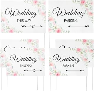6pcs Wedding This Way Lawn Signs, HSSZXFR 16” x 12” Rectangular Signage Set, Double Sided Printed Directional Signs with Stake, for Wedding Supplies Ceremony Reception (Pink)