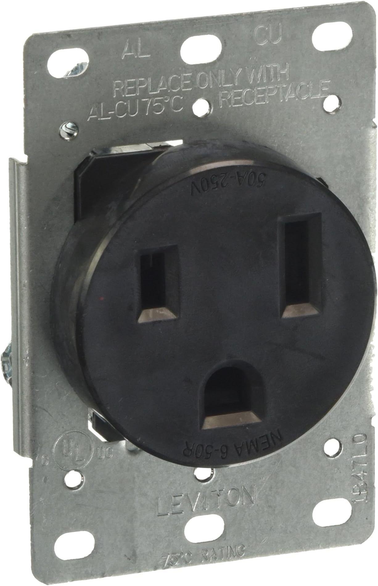 5374-S00 50 Amp, 250 Volt, Flush Mounting Receptacle, Straight Blade, Industrial Grade, Grounding, Black