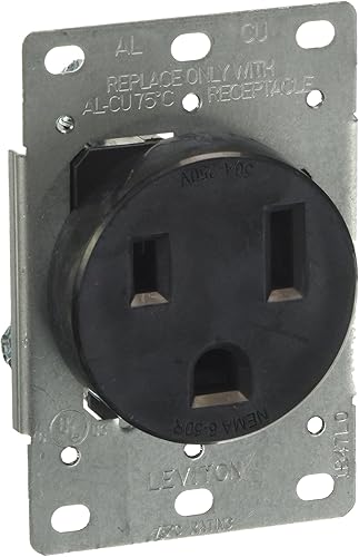 Leviton Receptáculo de montaje empotrado de 50 amperios, 250 voltios, hoja recta, grado industrial, conexión a tierra, paquete de 1, 5374-S00, negro
