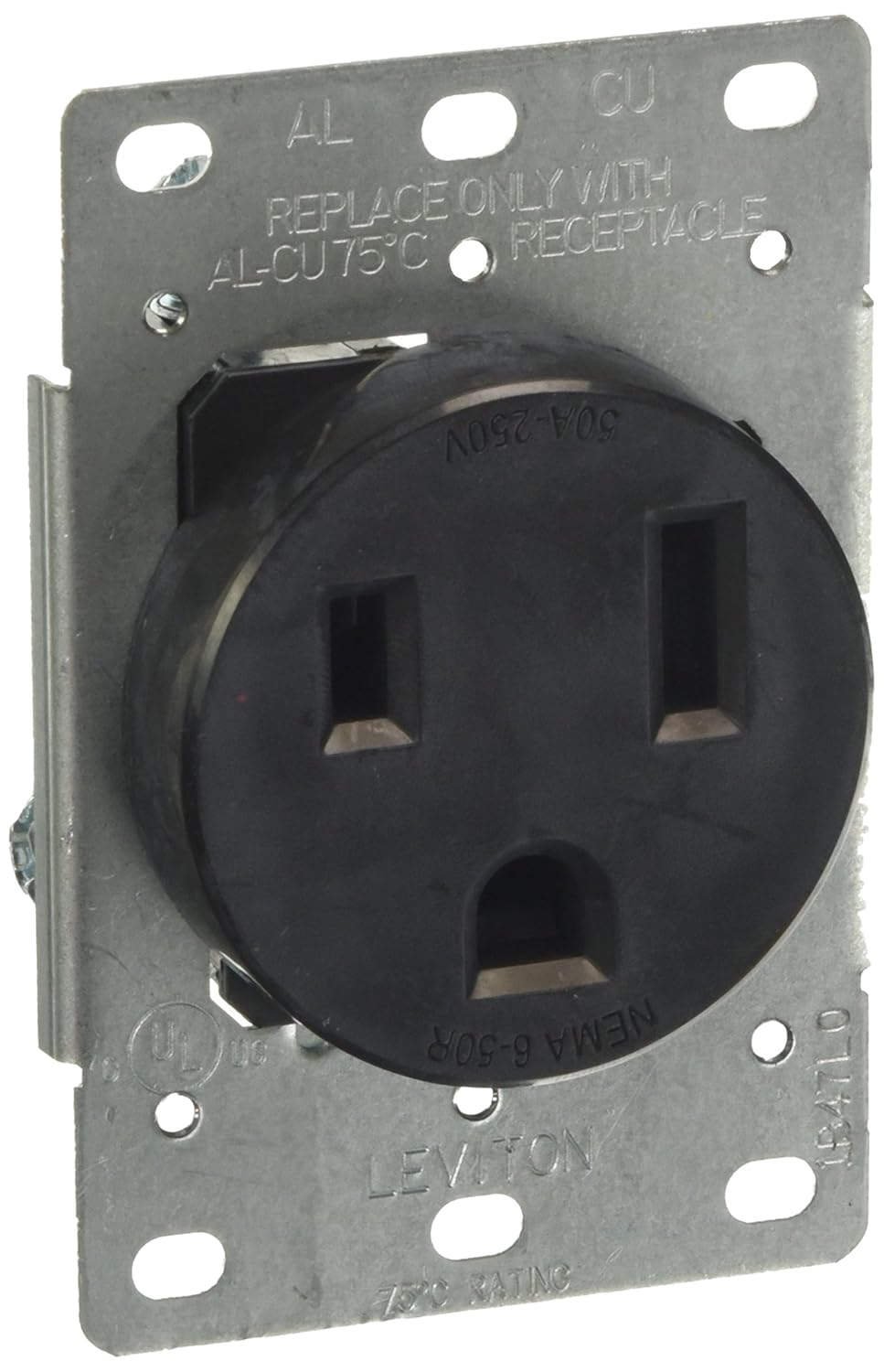 Розетка Leviton 5374-S00 50A, 250V, для скрытого монтажа, с прямым контактом, промышленного класса, с заземлением, черная, 1 шт.