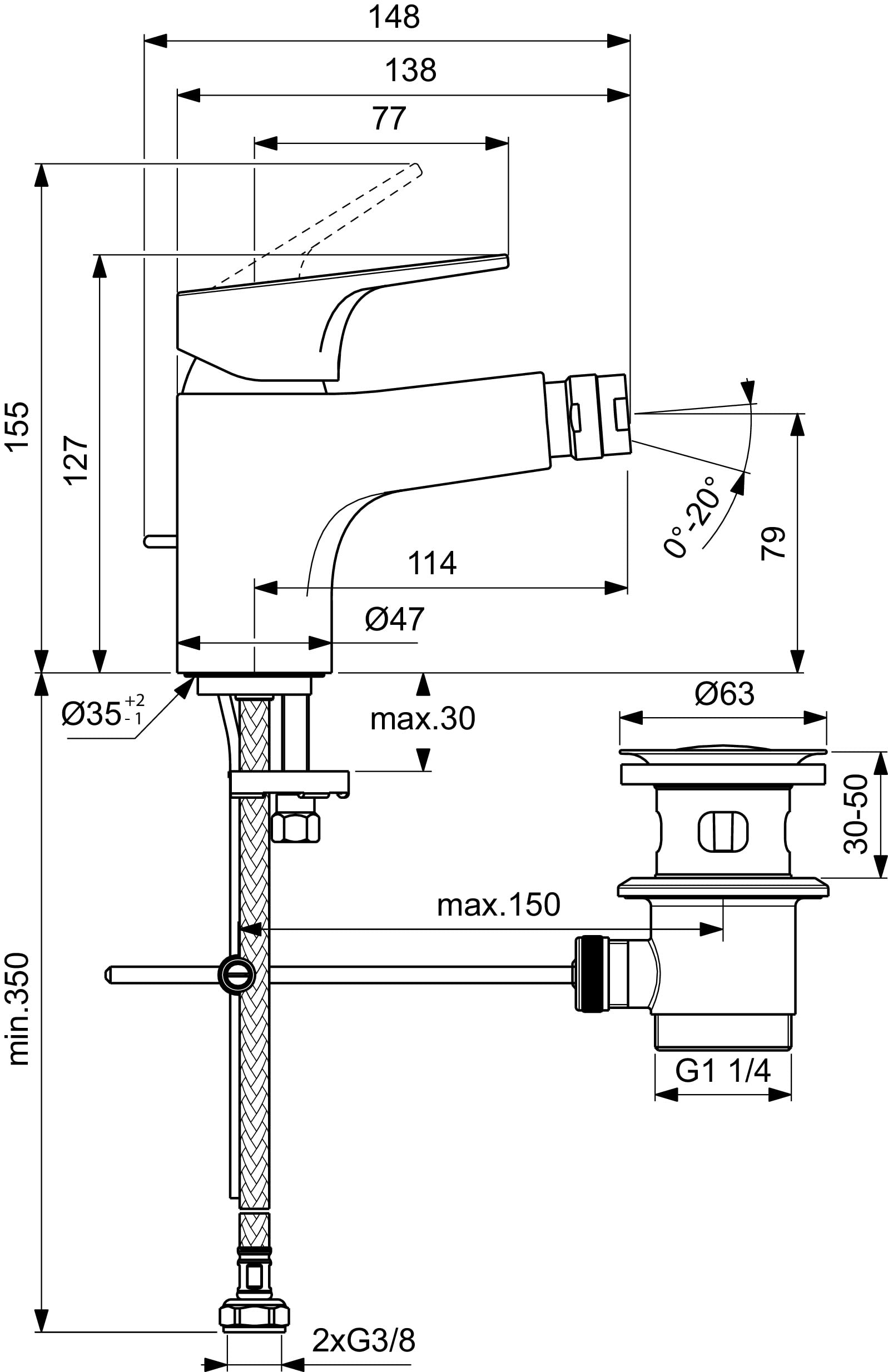Ideal Standard - Cerabase, Miscelatore bidet con asta di comando, Cromato