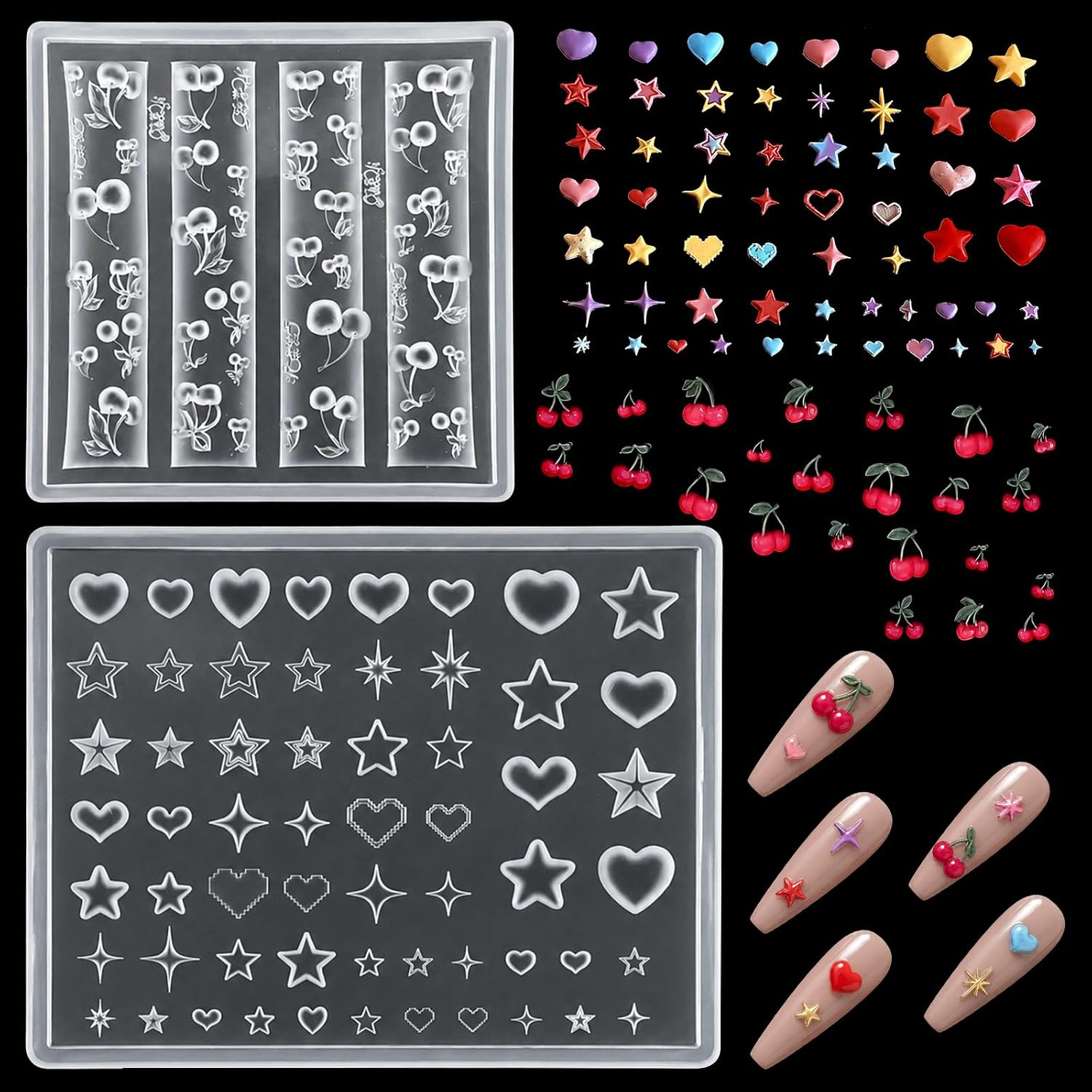2 Pcs Silicone Nail Art Molds, Star Heart Silicones | 3D Nail Art Silicone Nails Molds Nails Charms Mold for DIY Manicure NailDecorations, Clear Cherry Heart Star Patterns