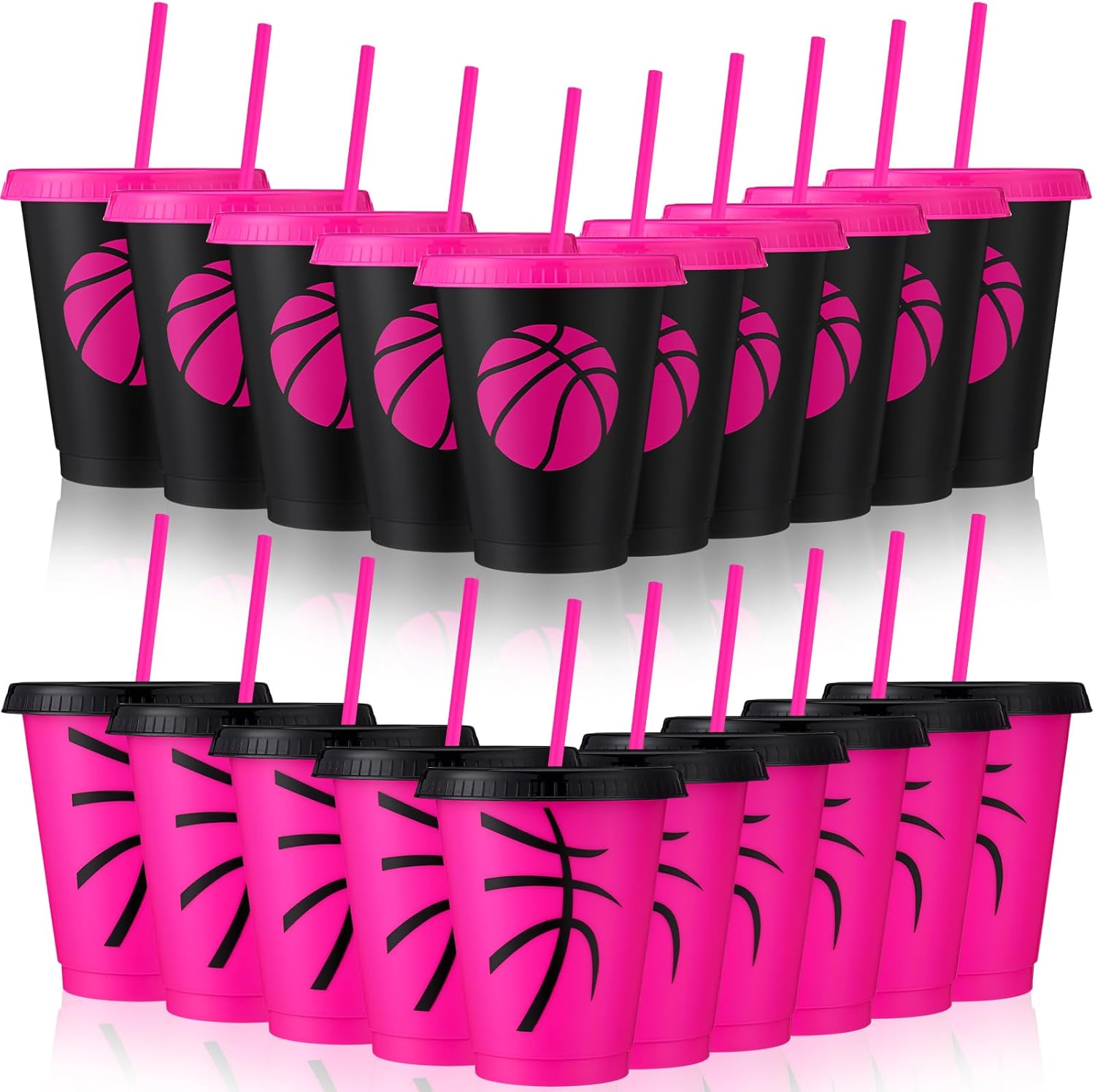 Domensi 20 Pcs Pink Basketball Party Favor Cups Bulk 16oz Cups Reusable Plastic Tumbler with Lid and Straw for Team Coach Friend Fan Men Women Gifts Party Favor Decoration Supplies
