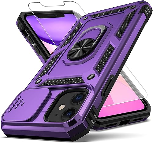 Miniatura 8 de Funda para iPhone 11, con cubierta para lente de cámara, protector de pantalla HD, grado militar anillo de montaje en coche con soporte híbrido de