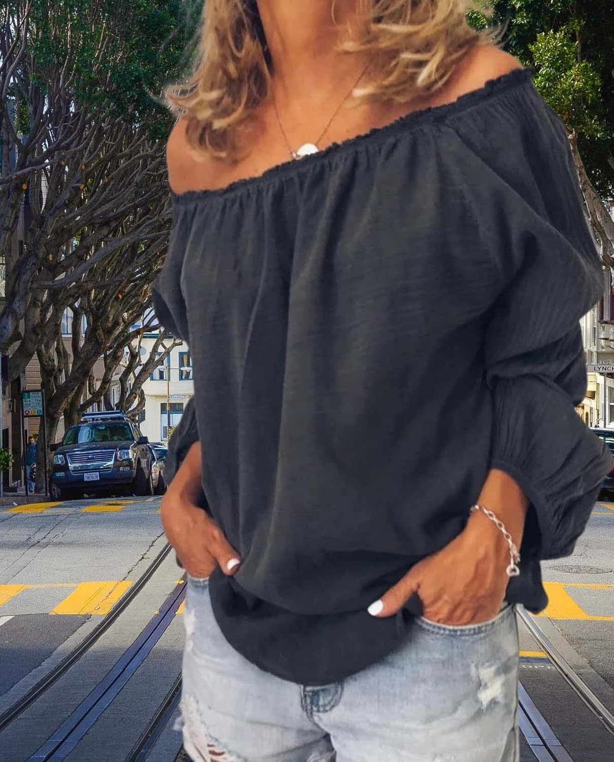 Womens Linen One Shoulder Top Stylish Cotton Long Sleeve Ruffle Balloon Sleeve Shirt for Casual Elegance - Image 6