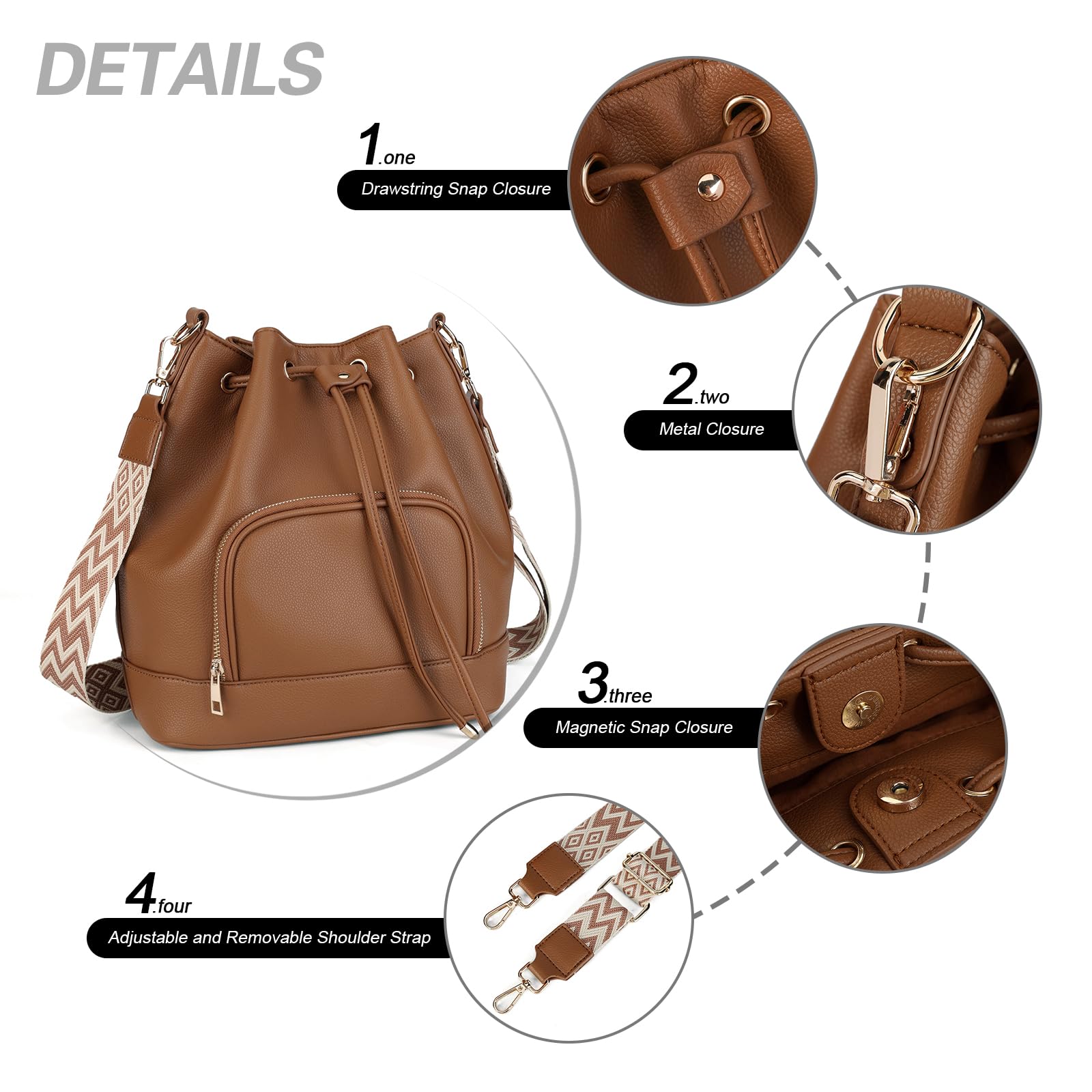 AFKOMST Borsa a secchiello da donna in pelle, con coulisse e tasca frontale con cerniera, grande capacità, borsa a tracolla per lavoro, viaggi e uso quotidiano