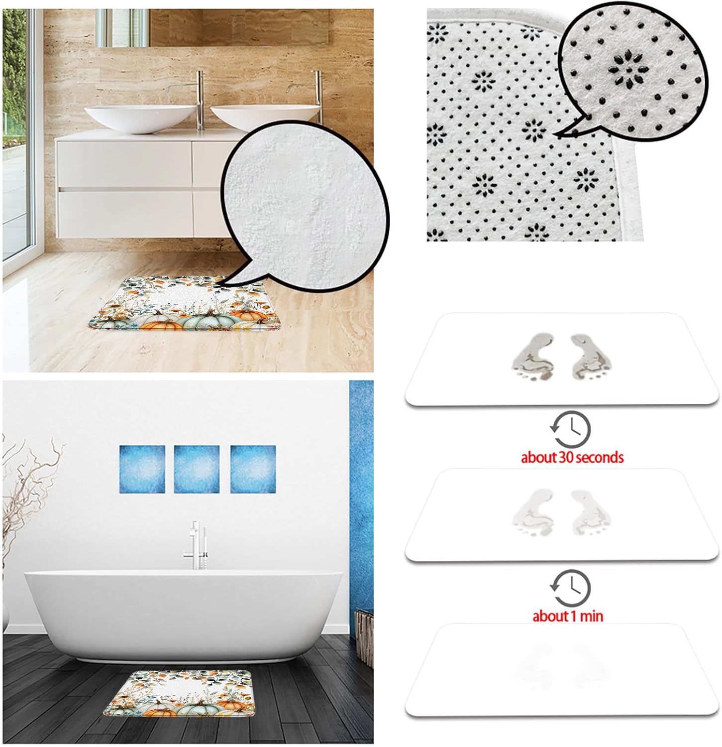 Fall Pumpkin Leaves Bath Mat Thanksgiving Pumpkins Watercolor Eucalyptus Leaf Autumn Harvest Floral 24"x60" Microfiber Memory Foam Bathroom Kitchen Toilet Floor Decor Mat