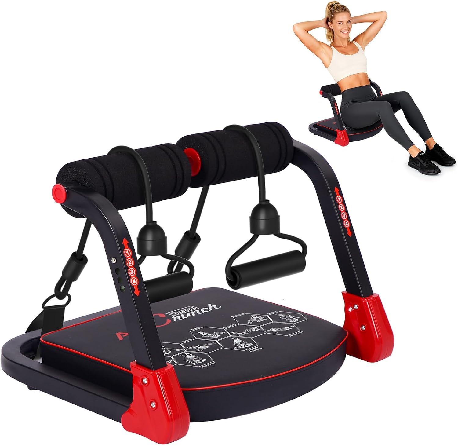Ab Machine, Core & Sit Up Exercise Equipment for Home Gym, Ab Workout Equipment for Stomach Workout, Resistance Bands, 4 Resistance Levels, Adjustable, Automatic Rebound, Ab Trainer Machine
