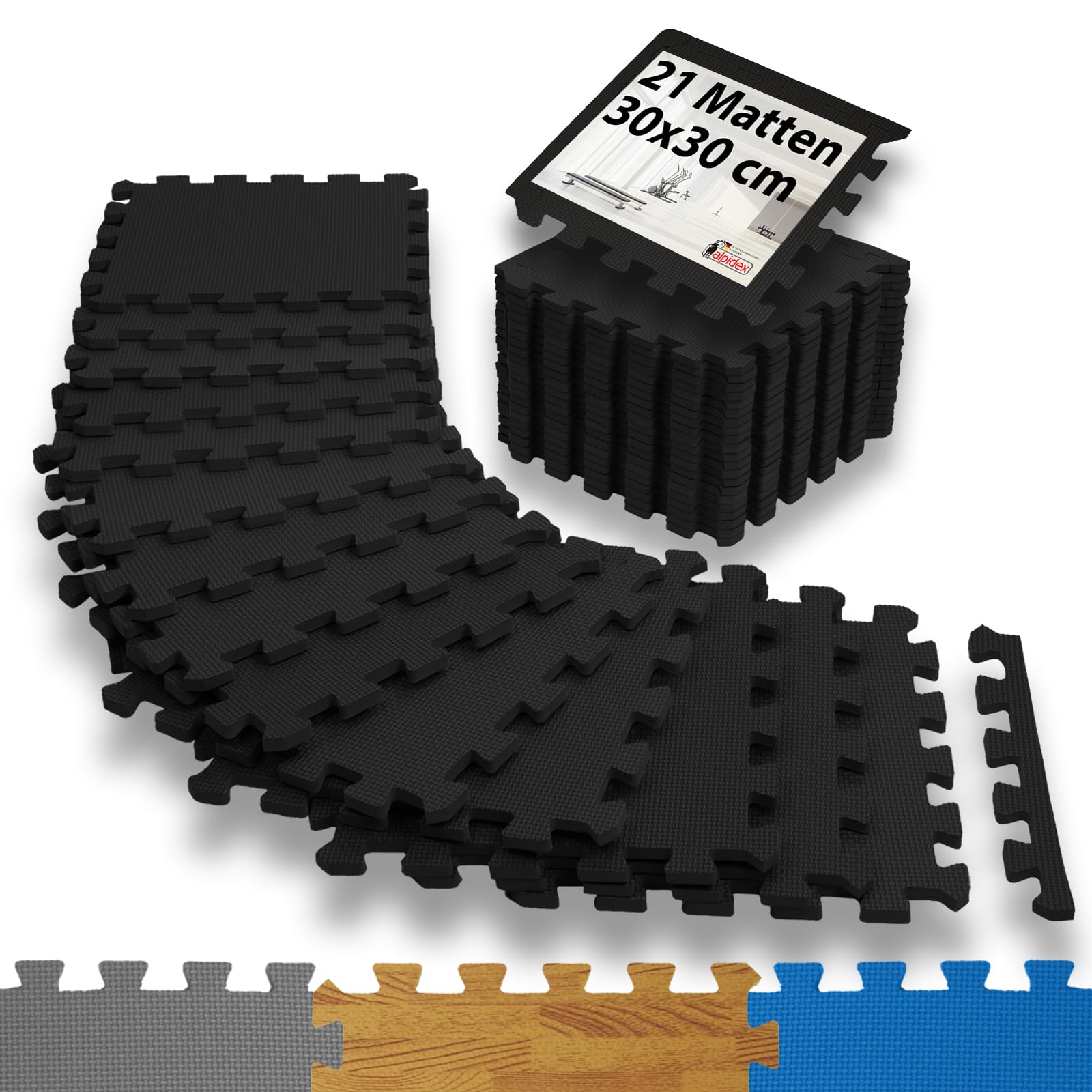 ALPIDEX 1,95 m² Bodenschutzmatte 21 Stück 30x30x1 cm Schutzmatten Set Sportmatte Gymnastikmatte Sportgeräte Matte Fitnessmatte Turnmatte Unterlegmatte Bodenmatte Trainingsmatte Gummimatte, black