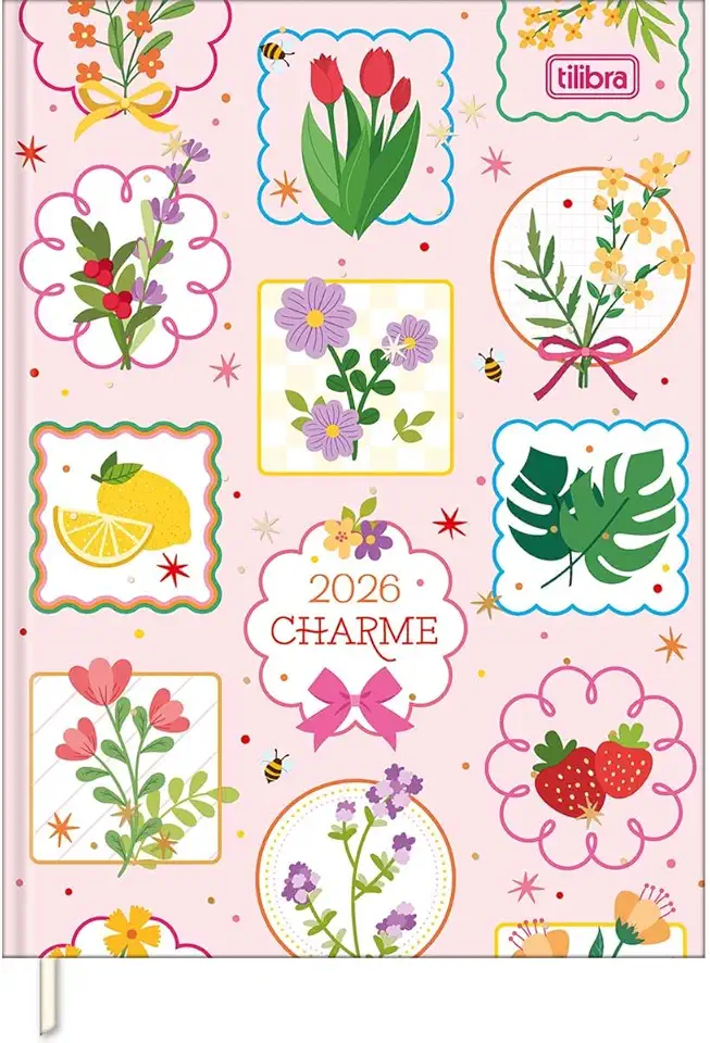 Tilibra - Agenda Costurada Diária 12,3 x 16,6 cm Charme 2026 - Flores - fundo rosa