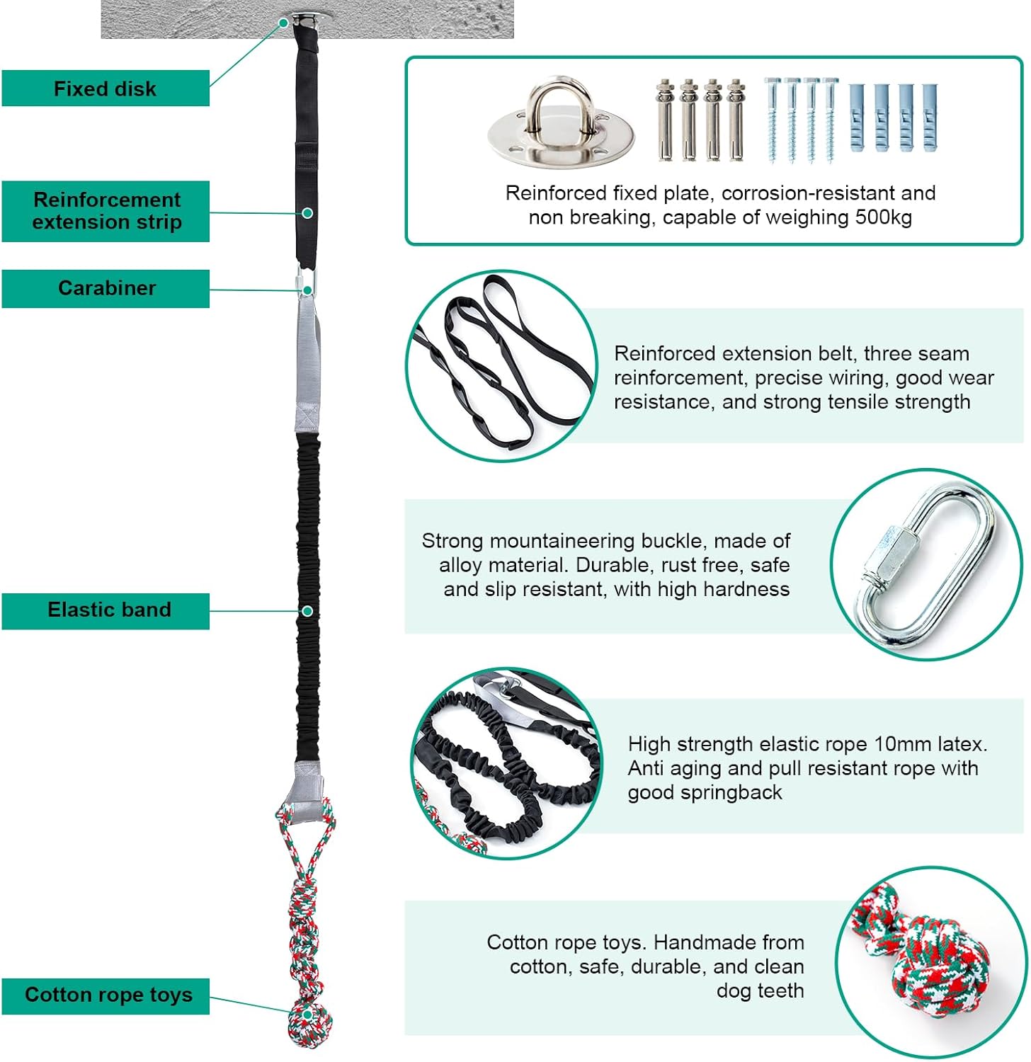 Outdoor Bungee Tug Toy，Dog Toy Hanging from Wall, Interactive Exercise Play Cord & Tether Chew Rope Toy for Large Breed Puppies & Small Dog Adult with Fixed Disk for Wall (Black)