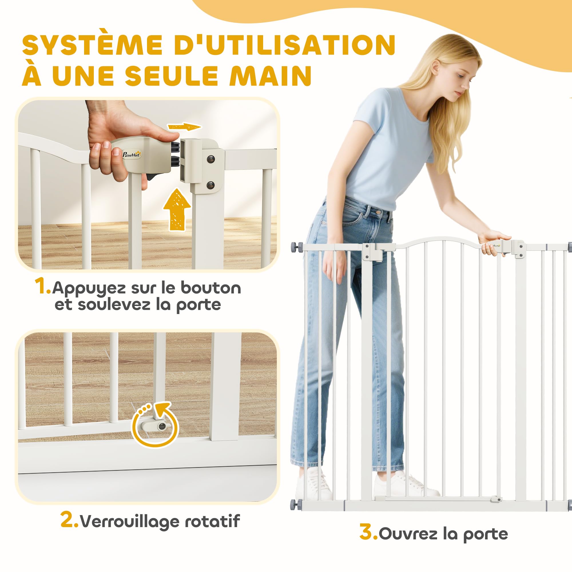 PawHut - Barrera de Seguridad para Perros Extensible 74-100 cm, Barrera de Escalera de fijación por presión sin taladrar, Doble Bloqueo de Cierre, Cierre automático, Altura 94 cm, Color Blanco | Barrera de escalera de fijación por presión sin taladrar, do