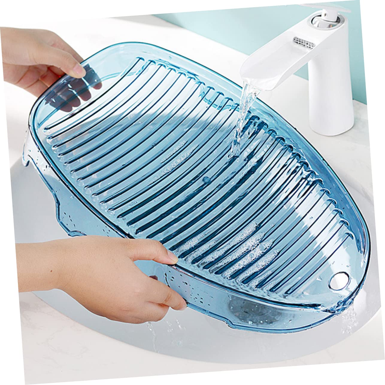 Handwaschbrett aus Pet, Blau, Handlich, Geriffelt, Glatt, rutschfest