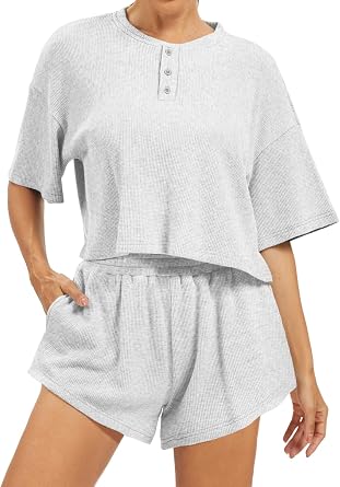 AnotherChill Womens Short Sleeve Waffle Knit Henley Top Shorts Lounge Set | Cropped tee and high-rise shorts summer outfits, breathable casual comfy matching sets for loungewear, cozy outfits