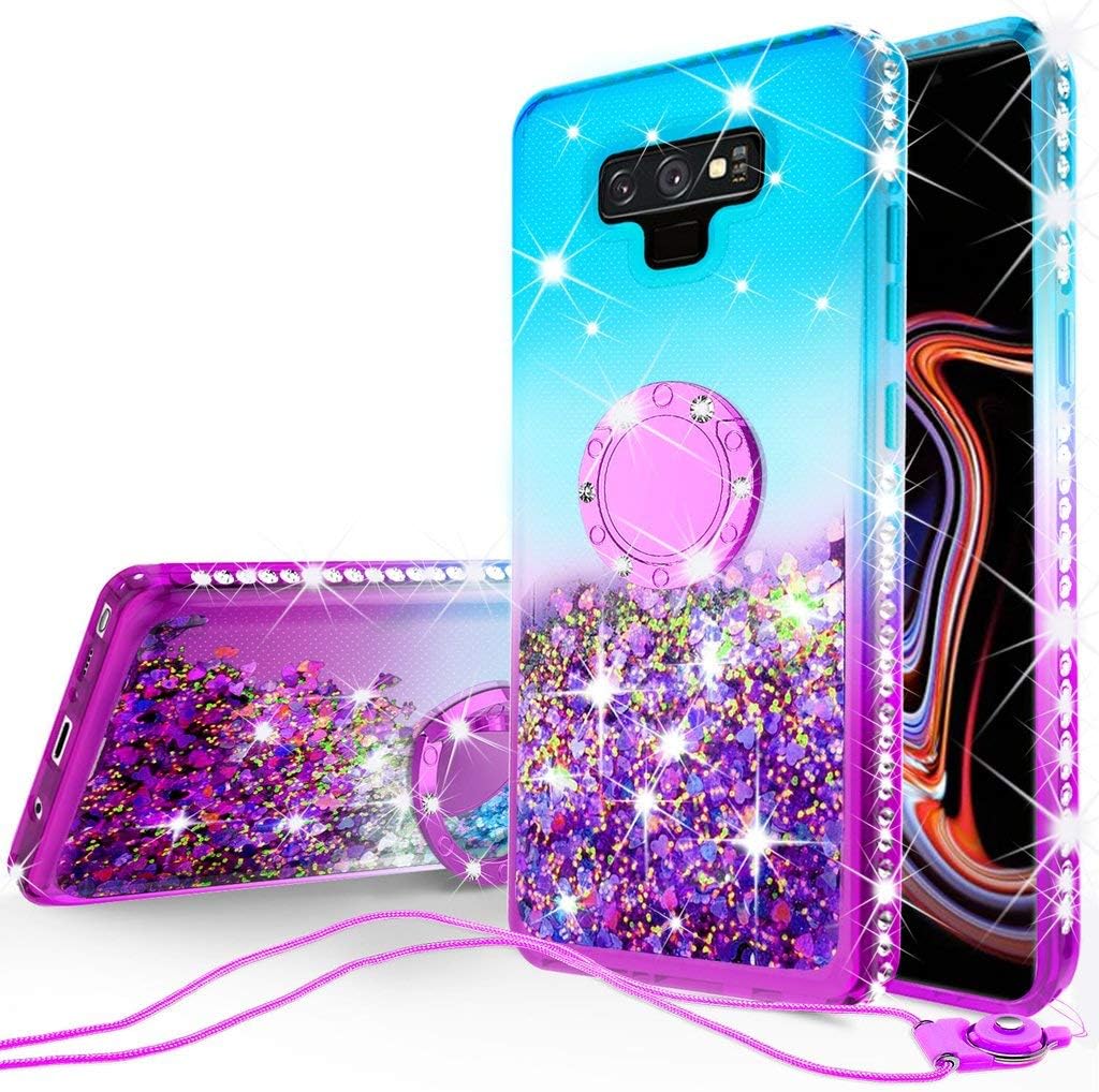 Galaxy Note 9 Case,Liquid Glitter Ring Kickstand Shock Proof Quicksand Bling Cover Compatible for Samsung Galaxy Note 9 Phone Cases Girls Women, Teal/Purple