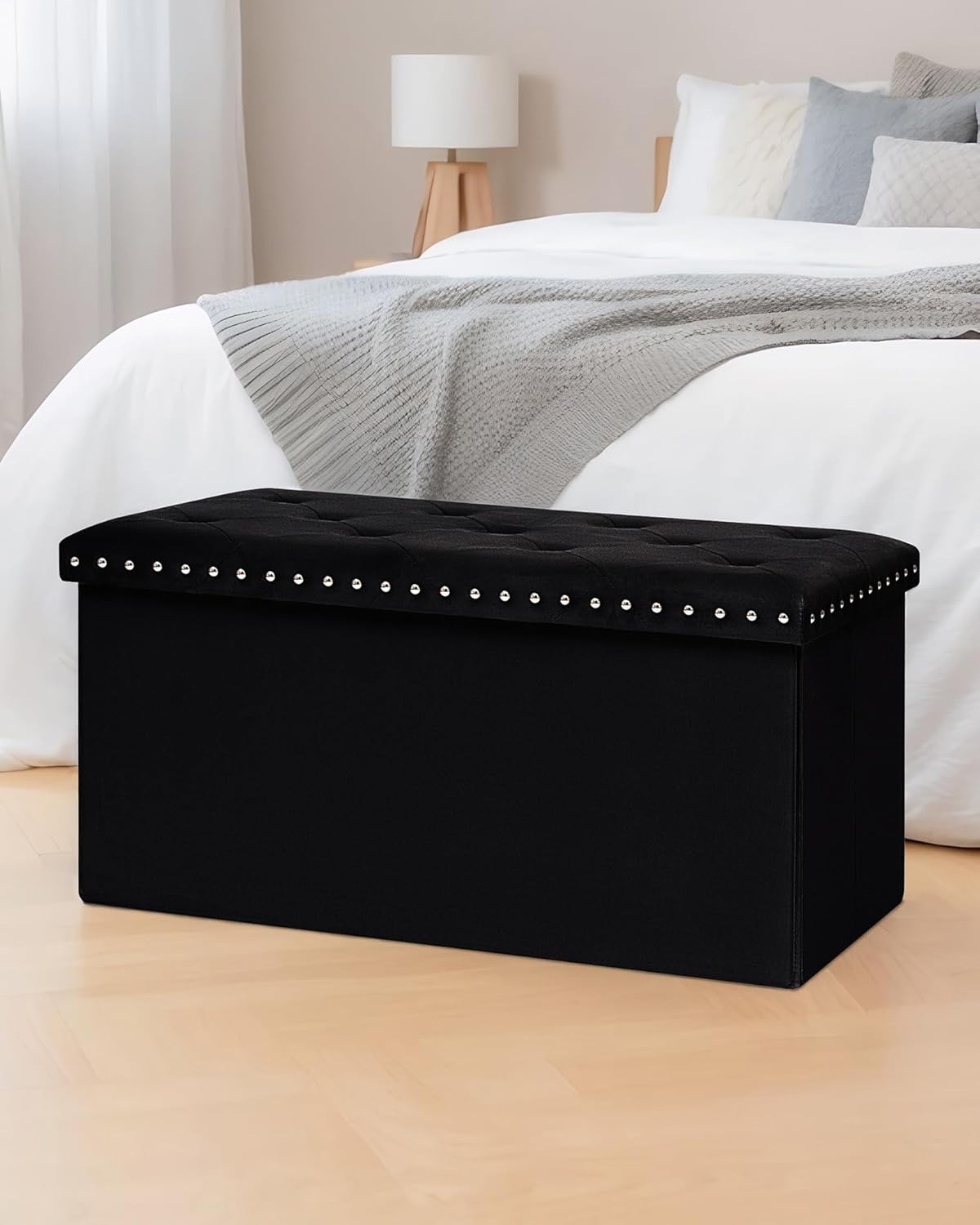 B FSOBEIIALEO Storage Ottoman Cube Folding Tufted Ottomanse, Storage Boxes Footrest for Bedroom, Luxury Velvet Fabric 30 * 15 * 15 Inches Black