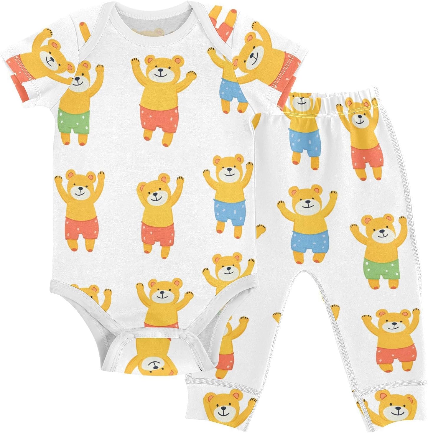 vvfelixl Baby Clothes Bear Wave Hands Baby Bodysuits Set Unisex Short Sleeve Babys Pants Sets 0-3M