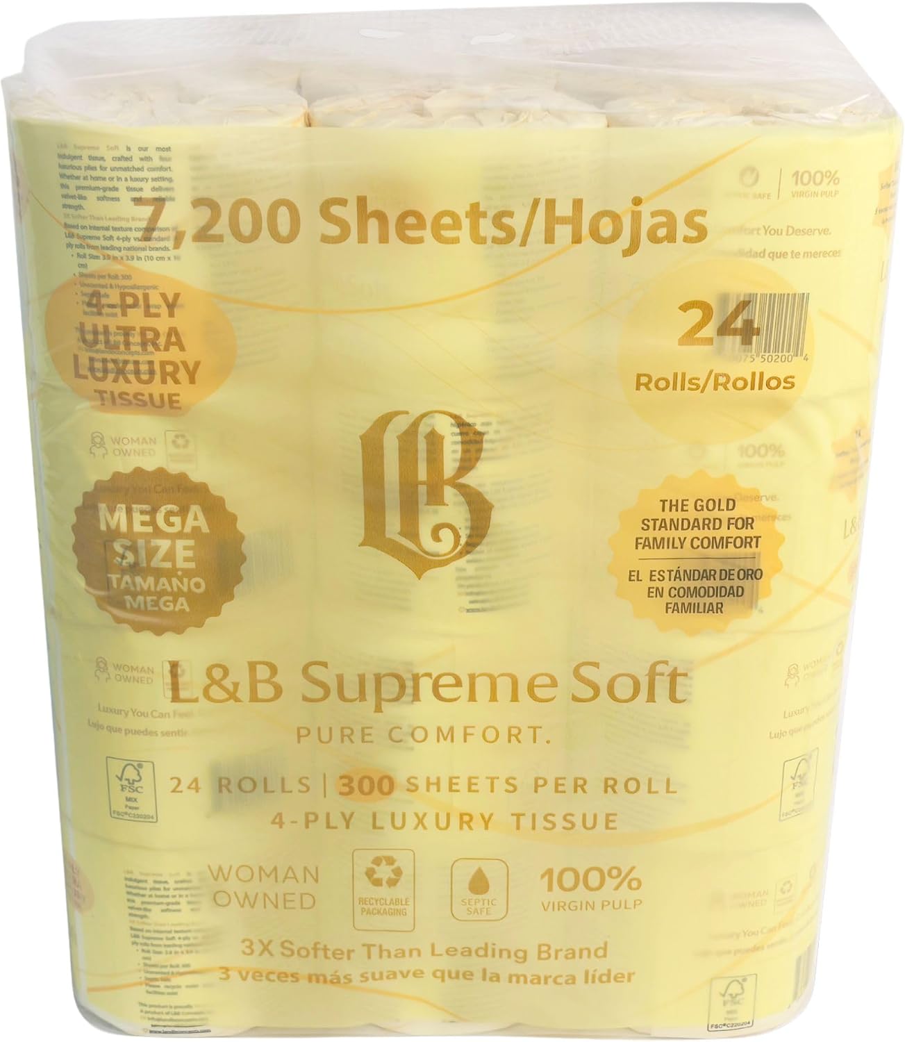 L&B Supreme Soft Toilet Paper, 4-Ply Premium, Value Pack, 24 Mega Rolls = 48 Regular Rolls, 300 Sheets per Roll, Extra Thick, Individually Wrapped, Septic Safe
