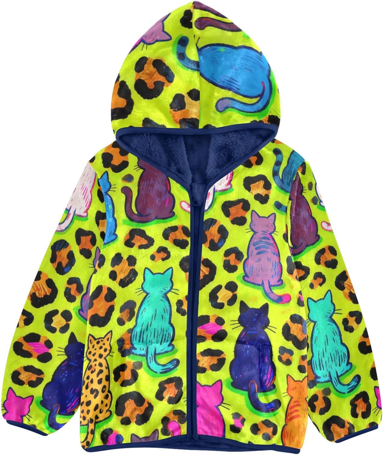 Colorful Leopard Print Cartoon Cat Toddler Winter Jackets Outerwear Jackets Navy Blue Baby Hoodie for Boys 3T