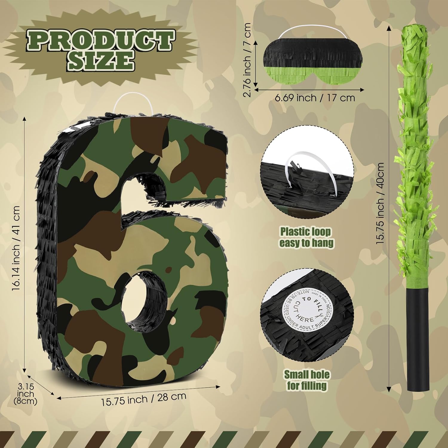 Camo Number Piñata Decorations 16 Inch Camo Birthday Party Piñata with Blindfold Stick and Confetti Set for Military Birthday Army Hunting Party Supplies Game Props(Number 6)
