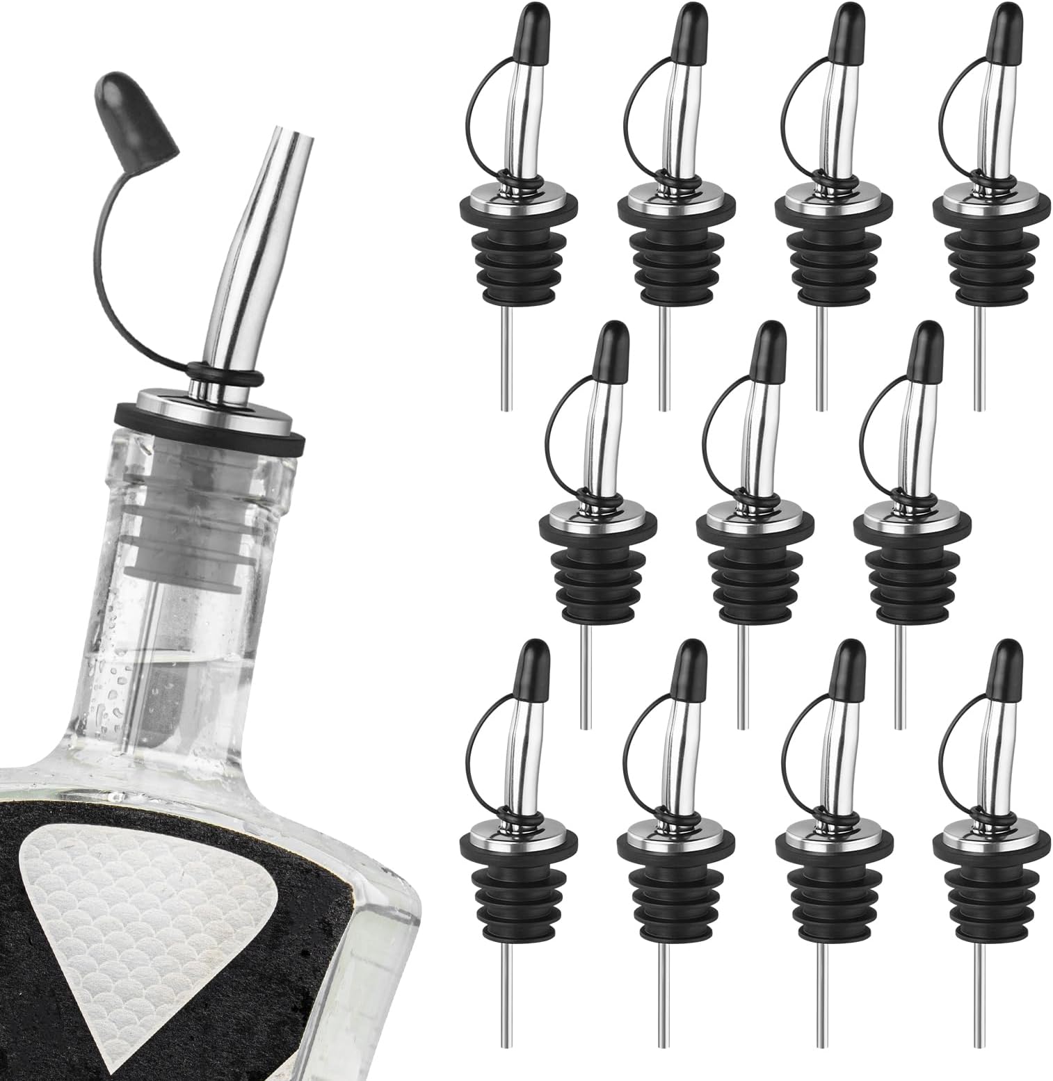 Ohtomber 12PCS Liquor Pour Spout - Stainless Steel Speed Tapered Olive Oil Alcohol Dispenser Pour Spouts for Liquor Bottles with Dust Caps, Bar Accessories Bar Tools