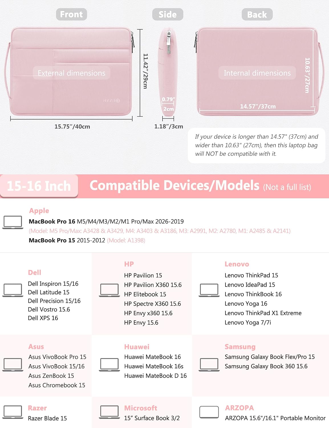 HYZUO 15-16 Inch Laptop Case Sleeve Bag for MacBook Pro 16 M5, Pale Pink image 4