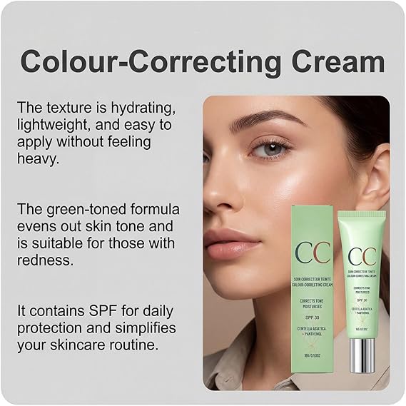 CC Red Correct Cream with Centella Asiatica & SPF 30 | Anti-Redness Green Color Correcting Foundation & Lightweight Tinted Moisturiser | Light Coverage, Hydrated Skin, Suitable for All Skin Types