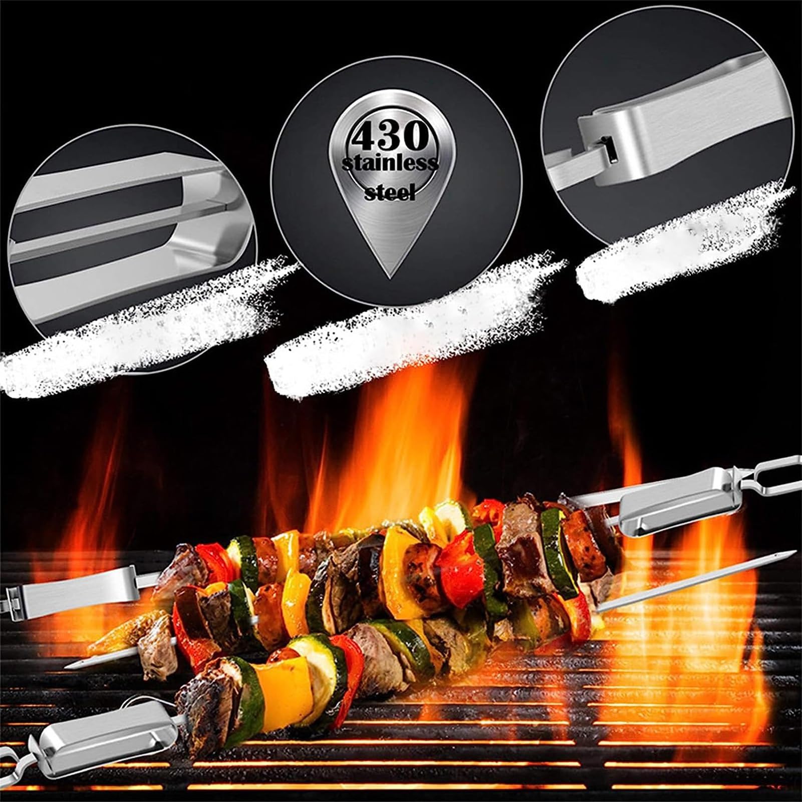 Brochetas Reutilizables Kabob, brochetas for Asar de Acero Inoxidable, palillo for brochetas con Barra de Empuje, for Carne, camarones, Pollo, 10 Piezas (Size : 45cm)