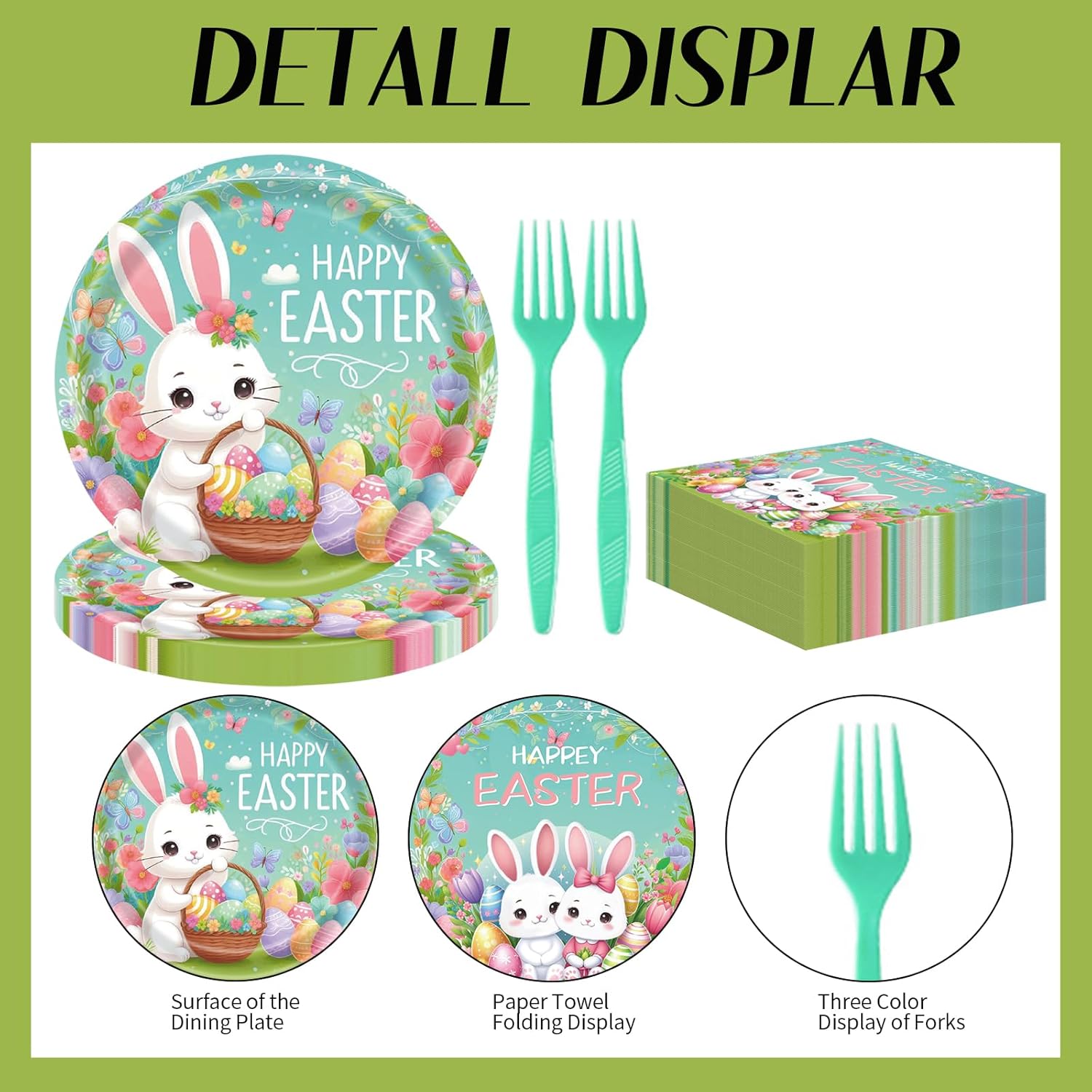 75 Pcs Easter Day Tableware Set Party Supplies,Happy Easter Bunny Party Disposable Decorations Paper Plates Napkins Forks for Kids Spring Celebrations Picnic Favors, Serve 25