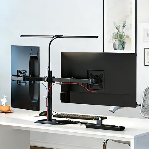 Miniatura 9 de Soporte de monitor doble de 13 a 32 ″ para escritorio con lámpara de escritorio LED ajustable, soporte para monitor con luces LED, soporte de