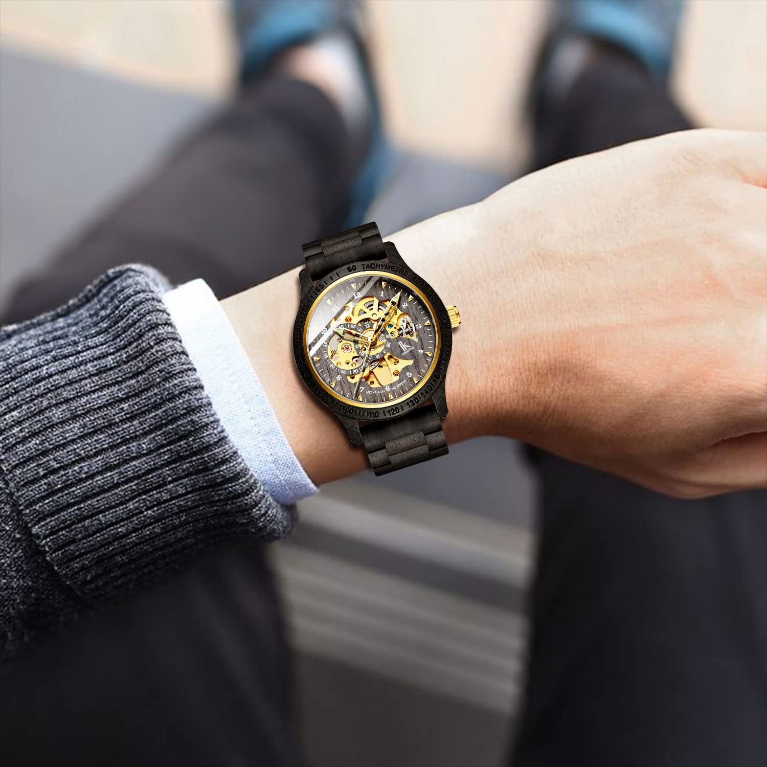IK COLOURING Mens Watches Luxury Mechanical Wooden Case Skeleton Lumious Automatic Self-Winding Lightweight Genuine Leather BraceletWood Band Wrist Watch product thumbnail 3