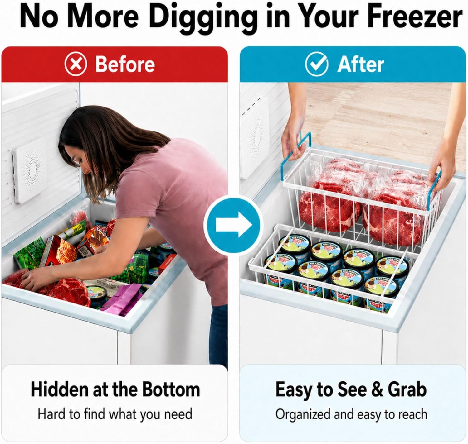 Chest Freezer Organizer Bins - Small Baskets for 7 Cu.Ft, 6 Pack | Easy Access Handles, Stackable Deep Freezer Wire Baskets, Vertical Space Sorts for Frozen Meat, Vegetable and Bagged Items thumbnail