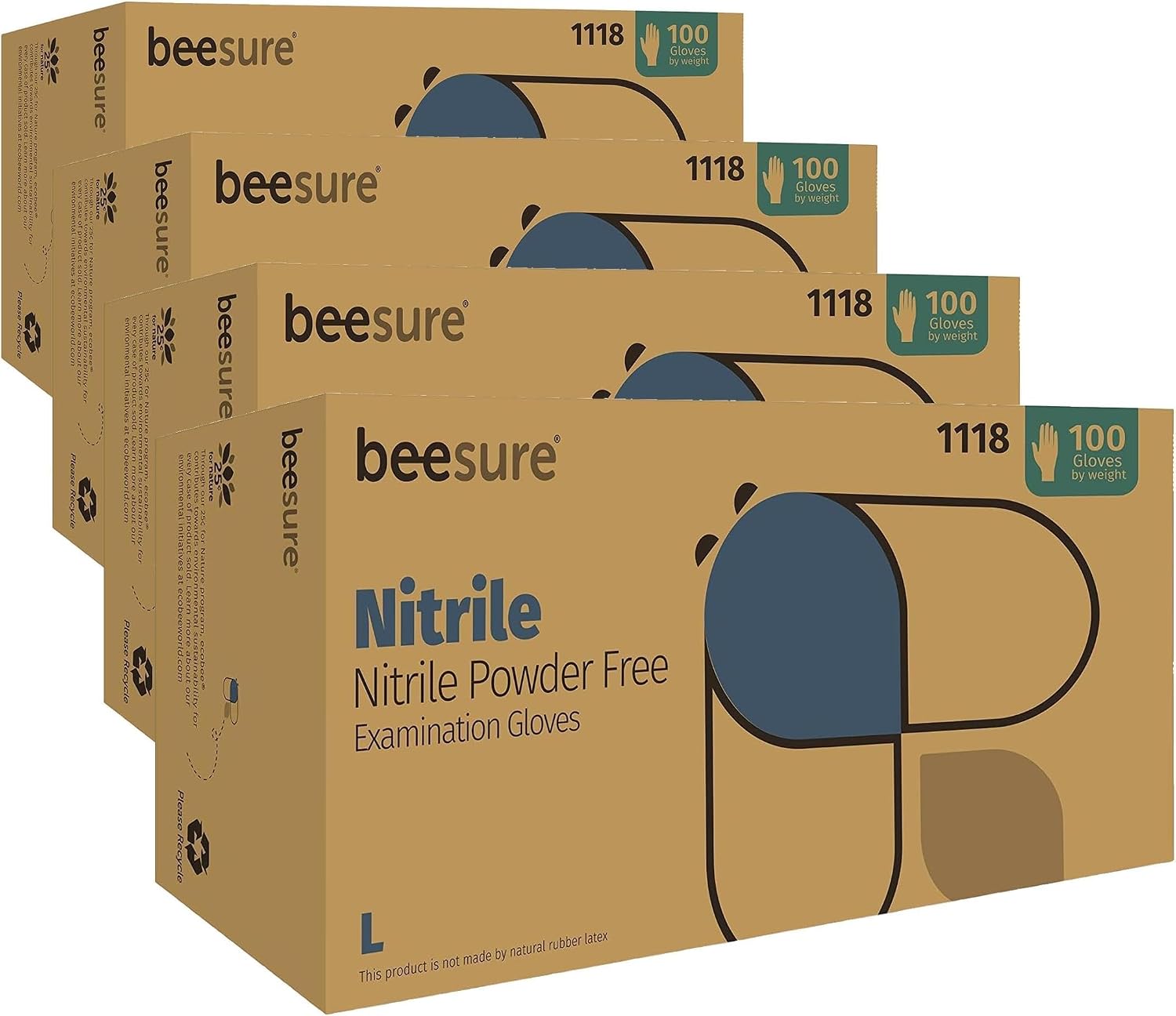 BeeSure BE1118case Powder Free Exam Gloves, Nitrile, BeadedCuff, Large, Blue (Pack of 1000)