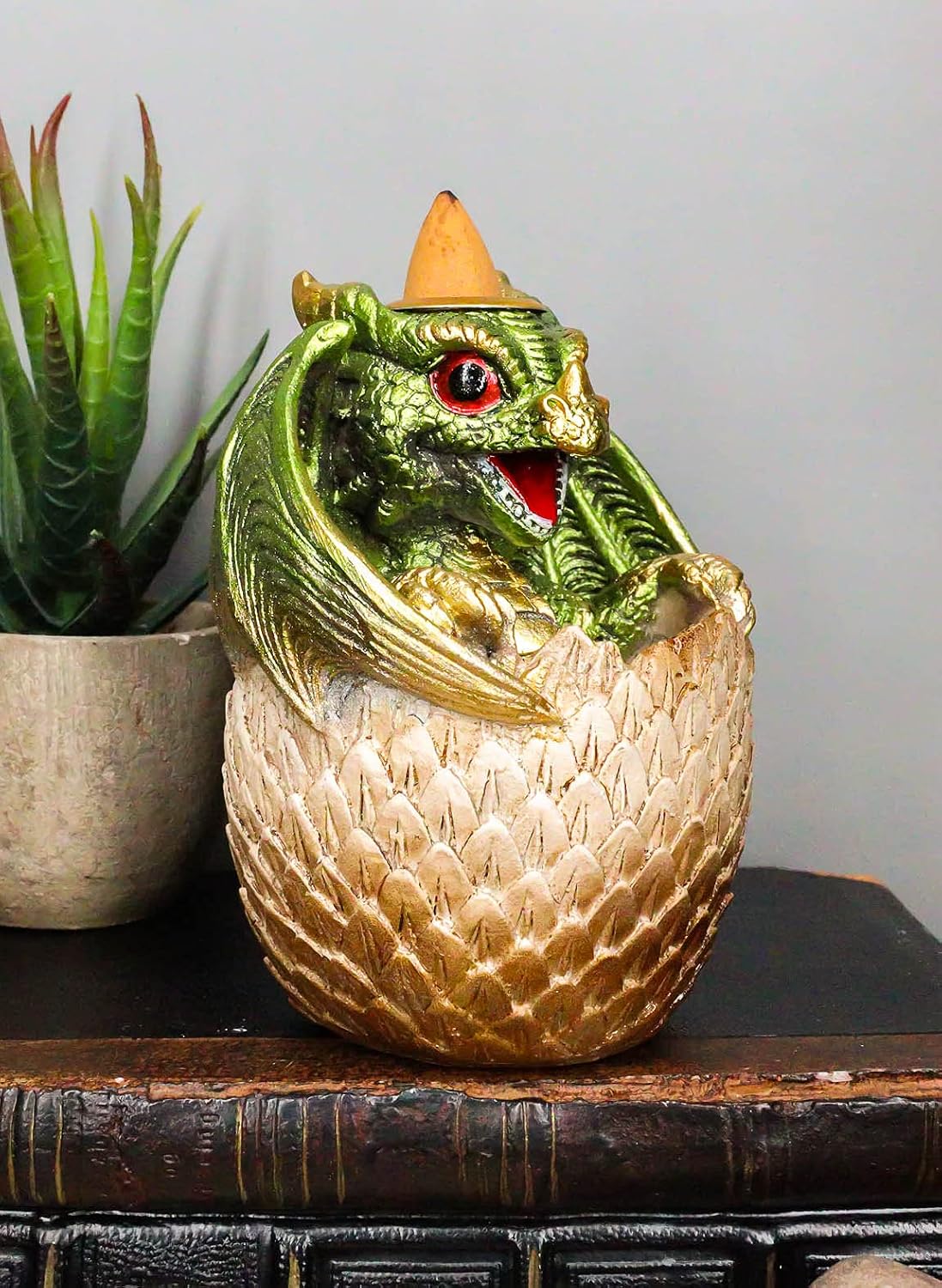 Ebros Gift 4.25" Tall Adorable Green Wyrmling Baby Dragon On Golden Egg Backflow Incense Cone Burner Figurine Dungeons and Dragons Fantasy Decor Accent Home Aromatherapy Accent