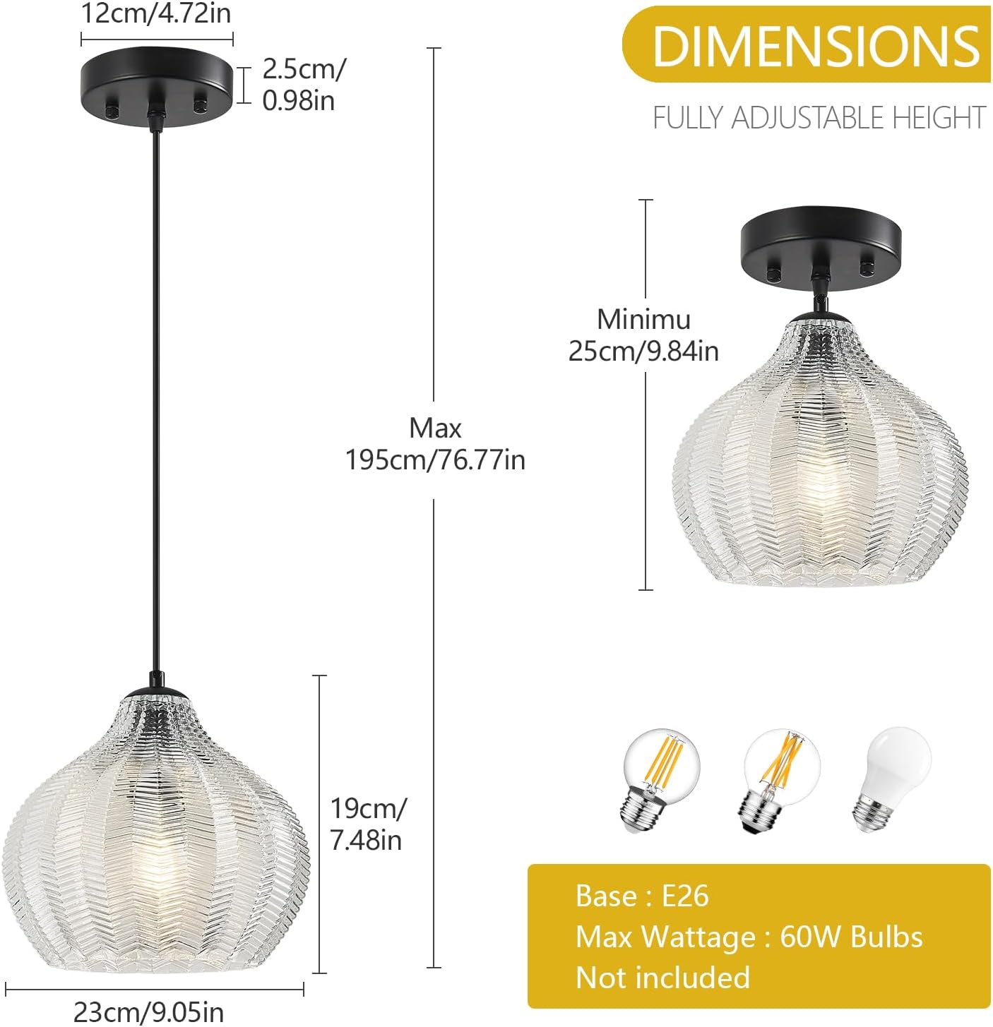 Clear Glass Pendant Lights Kitchen Island 1 Light 9.05 in Glass Globe Pendant Light Fixture Adjustable Modern Farmhouse Pendant Lighting for Bedroom Dining Room (1 Pack)