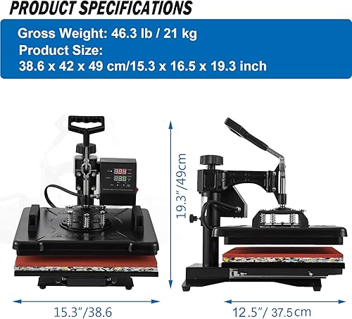 Vista 23 de Máquina de prensa de calor 5 en 1, prensa de calor oscilante de 12 x 15 pulgadas para sublimación, máquina de prensado de camisetas multifunción