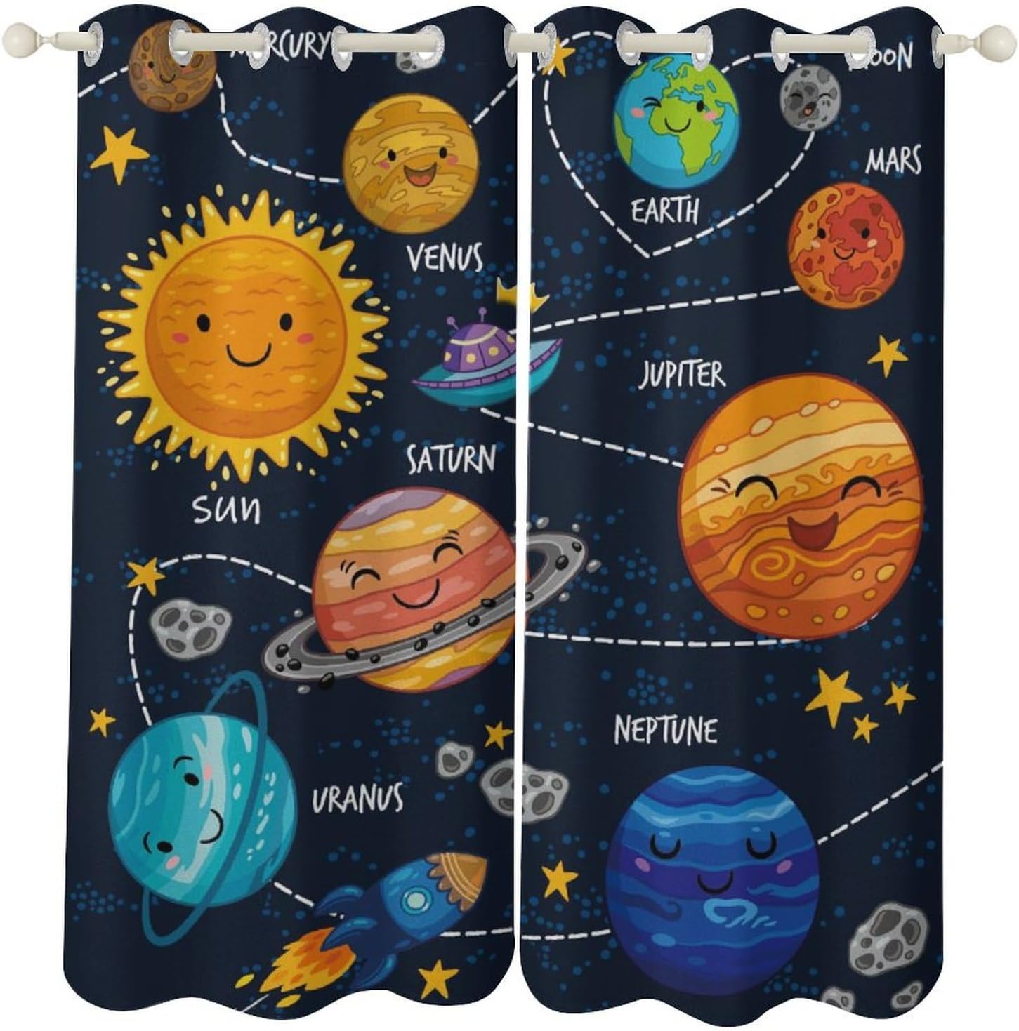 Cute Cartoon Planet Kids Curtains, Solar System Astronaut Colorful Universe Decor Pattern Window Treatments, Grommet Thermal Insulation Drapes for Boys Children's Room Nursery, 42x45inch (2 Panels)