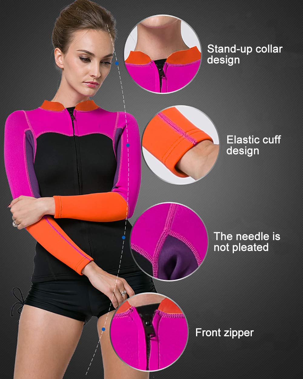 Sinleey Neoprenanzug Top Damen 2mm - Langarm Surfjacke Mit Frontreißverschluss