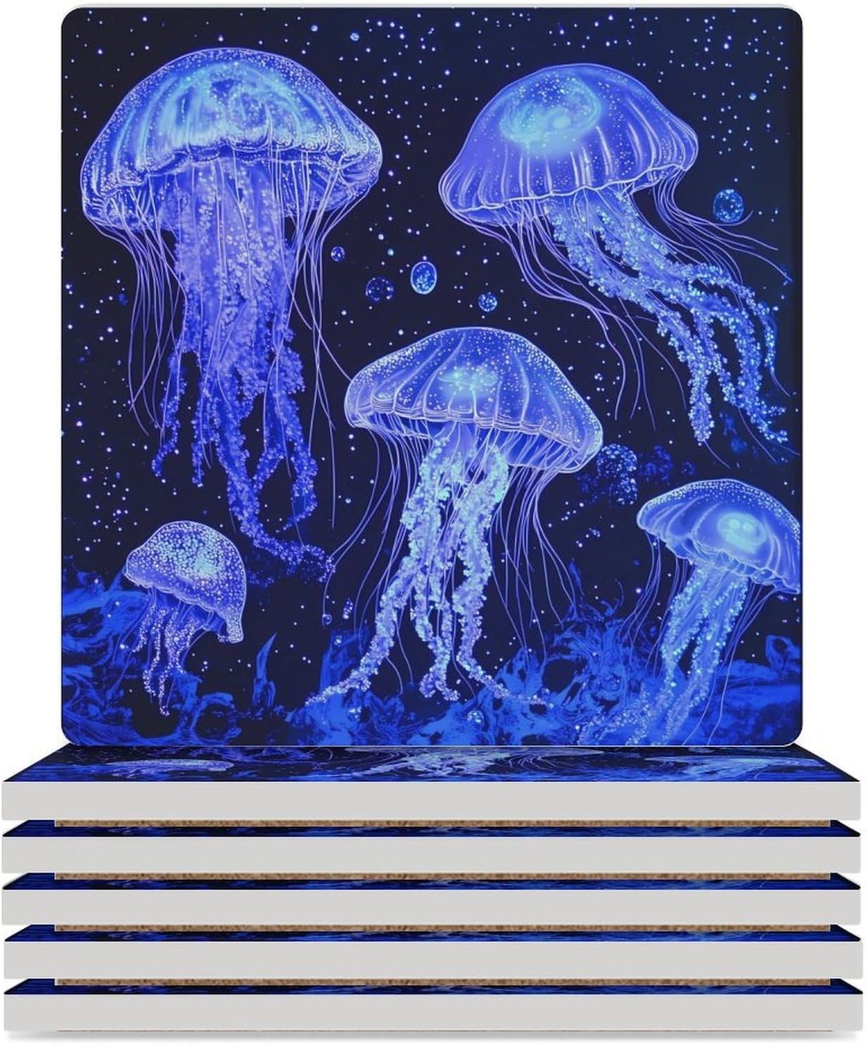 Blue Jellyfishes Coasters for Drinks Square Table Coasters Set Cup Mats with Cork Base